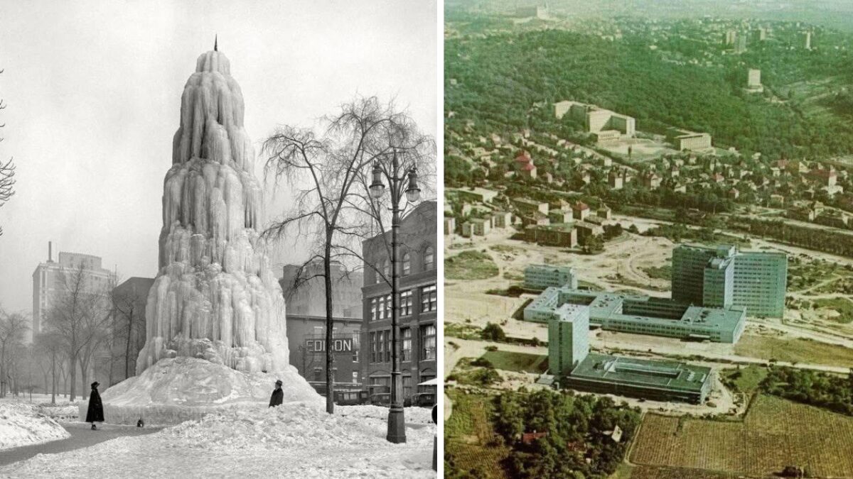 Historická fotografia: Ľadová veža v uliciach veľkomesta a letecký pohľad na rozvoj mestskej architektúry.