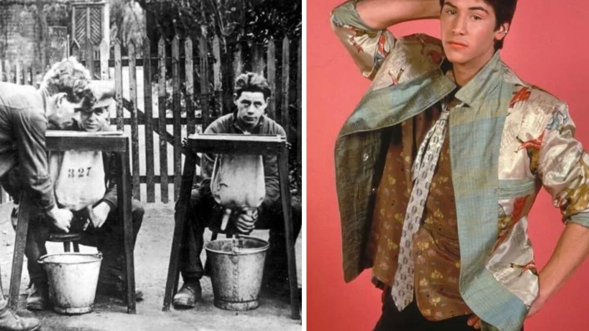 Čiernobiela scéna ľudí s neobvyklým zariadením vedľa farebnej fotografie muža v retro módnom štýle.