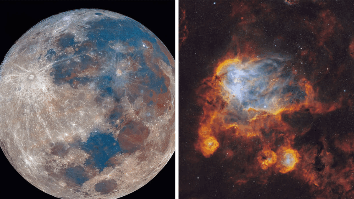 Mesiac v žiarivých farbách vedľa farebnej hmloviny v hlbokom vesmíre. Astronomické snímky vedľa seba.