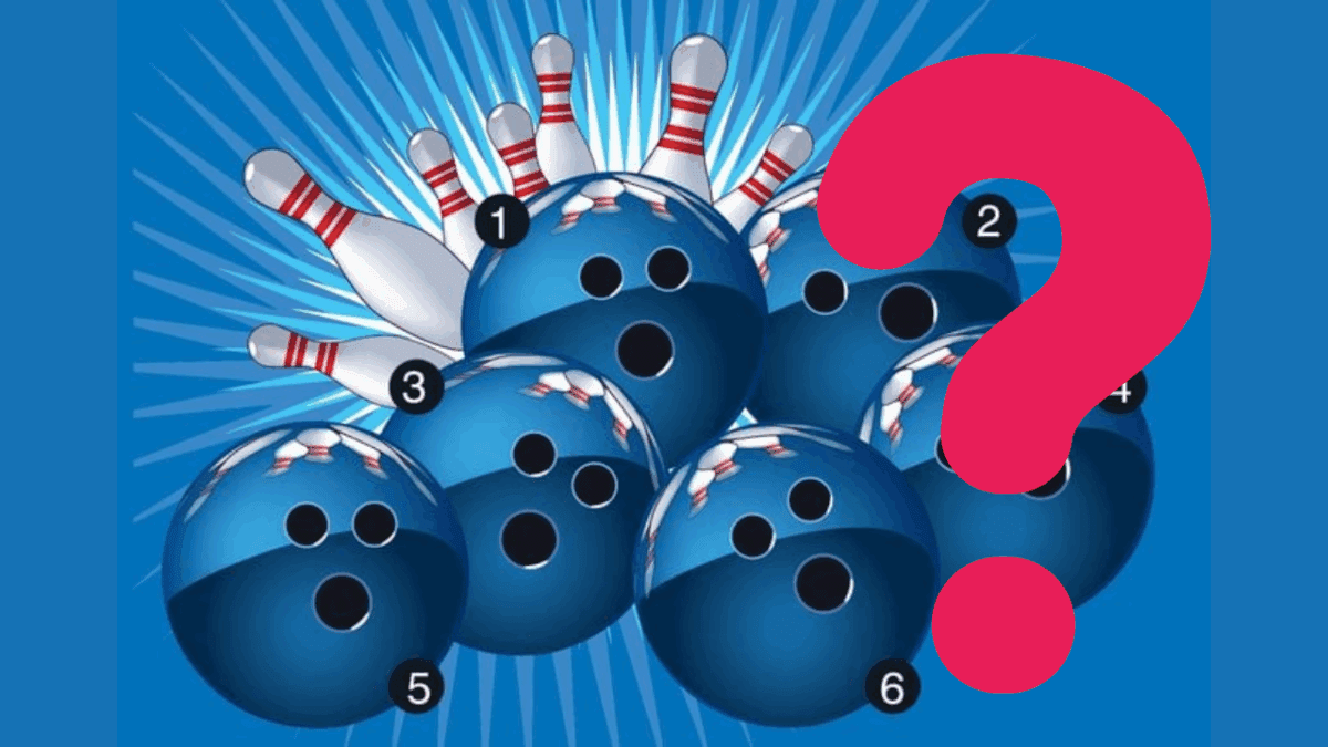 Modré bowlingové gule s číslami a kolky, veľký ružový otáznik na modrom pozadí.