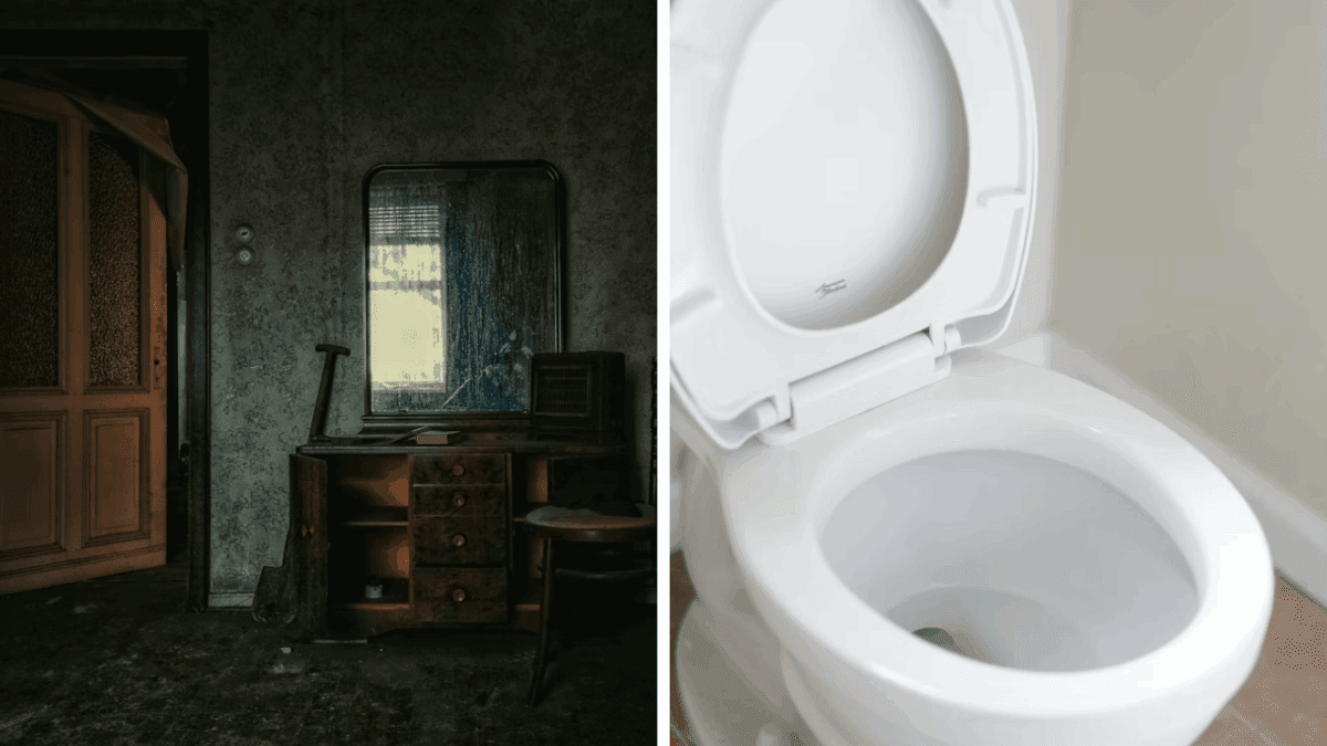 Opustená izba s retro nábytkom vedľa moderného bieleho WC.