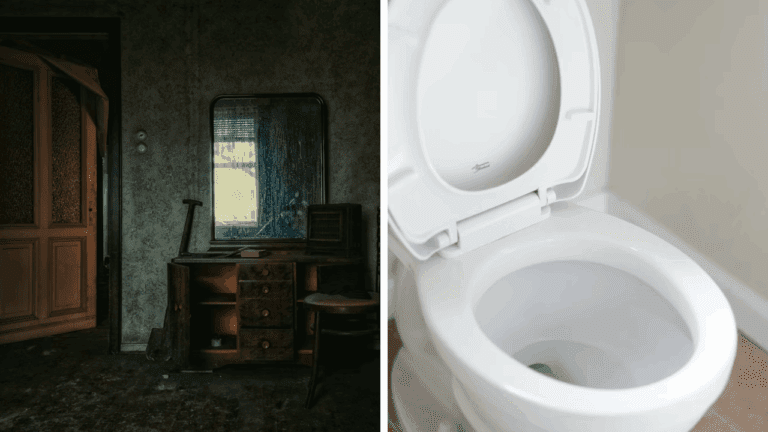 Opustená izba s retro nábytkom vedľa moderného bieleho WC.