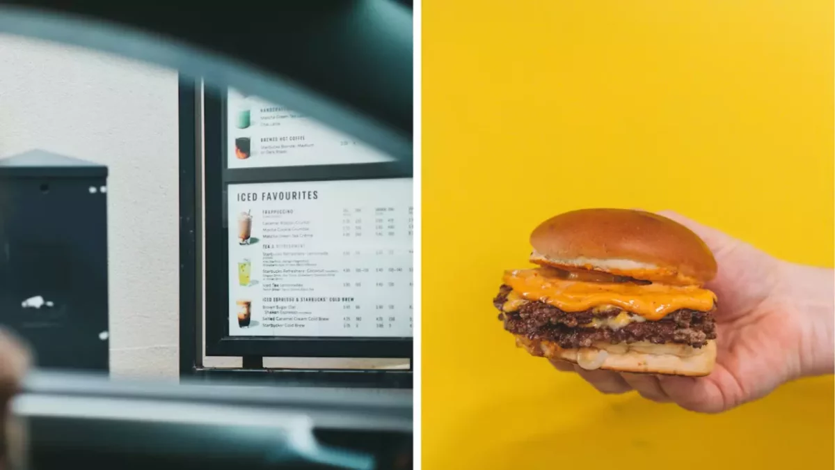 Drive-thru menu a šťavnatý hamburger v ruke na žltom pozadí.