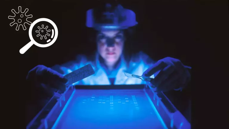 Vedec pracuje v laboratóriu s modrým svetlom, analyzujúc DNA vzorku pod UV lampou.