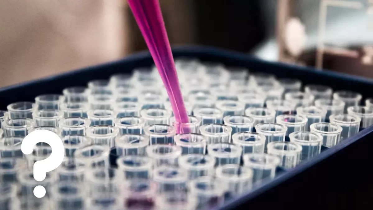 Pipetovanie ružovej tekutiny do radu laboratórnych skúmaviek na analytickom podnose.