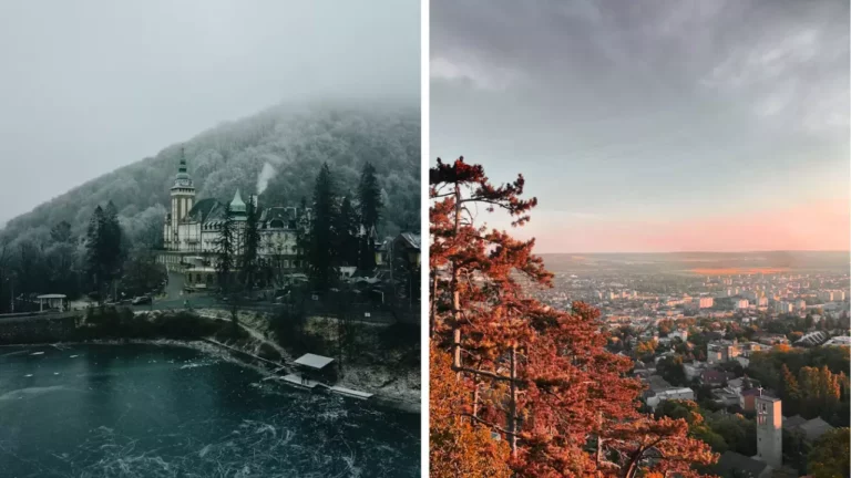 Zasnežený zámoček pri jazere v zime, západ slnka nad jesenným mestom a červenými stromami.