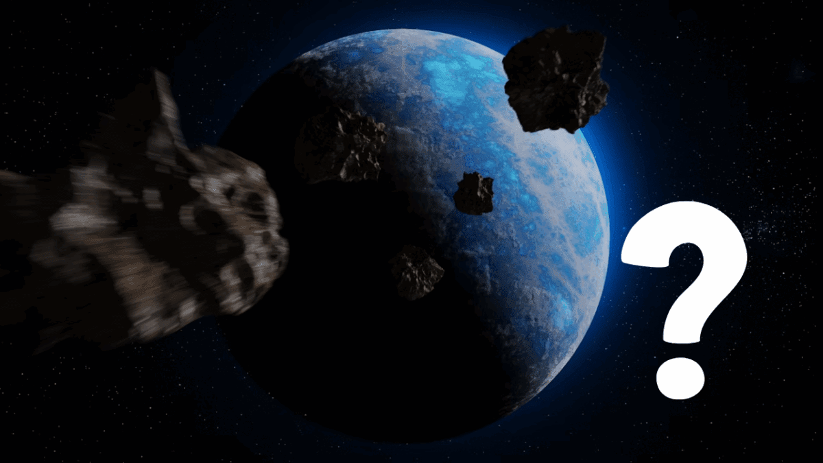 Planéta v vesmíre obklopená asteroidmi s otáznikom, tajomný vesmírny fenomén.