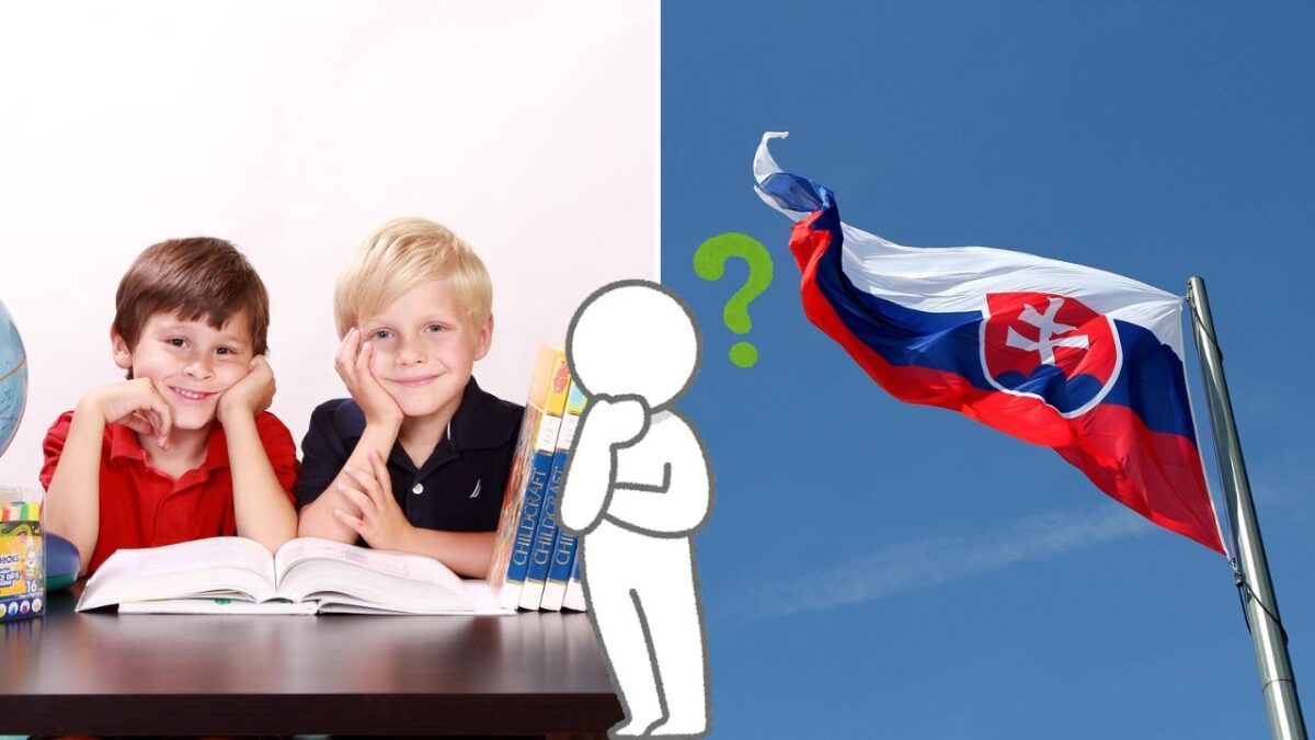 Deti pri knihách s otáznikom a slovenskou vlajkou, koncept vzdelania a identity.