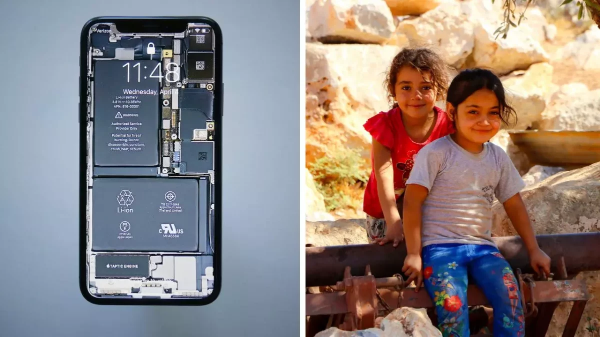 Rozpolené zobrazenie: vrecková elektronika so zobrazenou batériou a dve deti sa hrajúce vonku na slnečnom dni.