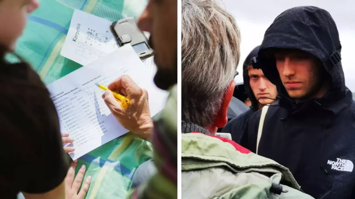 Ľudia diskutujú nad dokumentmi a na druhej strane sú aktívne debaty medzi jednotlivcami v čiernom oblečení.