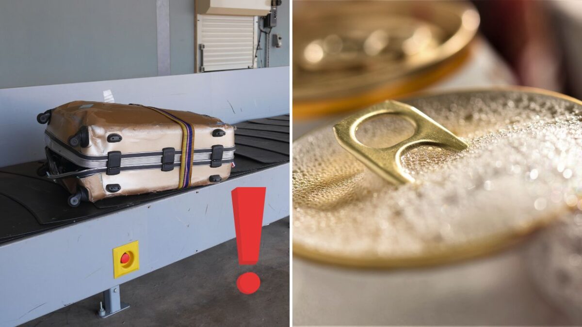 Kufor na páse letiska vedľa detailu plechovky s pivom so zvýrazneným výkričníkom.