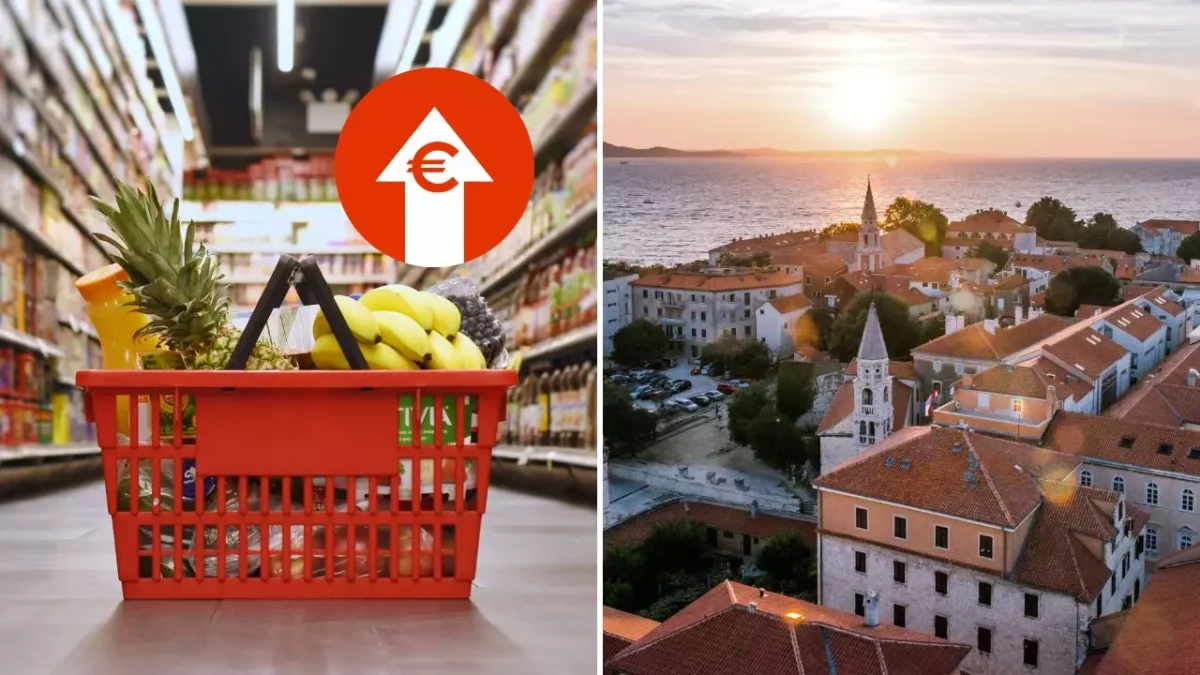 Nákupný košík s potravinami symbolizuje rast cien, vedľa krásna prímorská krajina pri západe slnka.