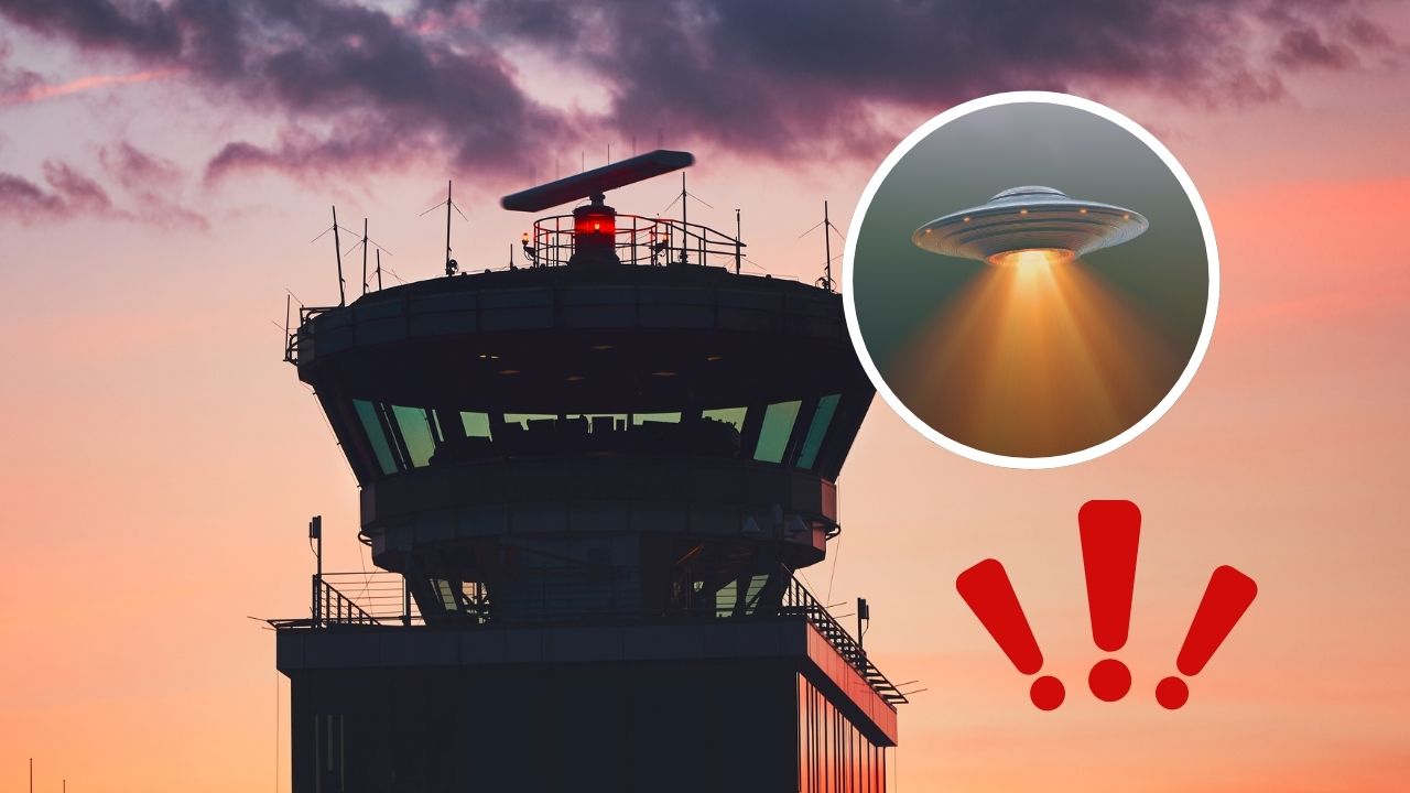 Riadiaca veža letiska so zapadajúcim slnkom a ilustráciou UFO na oblohe.