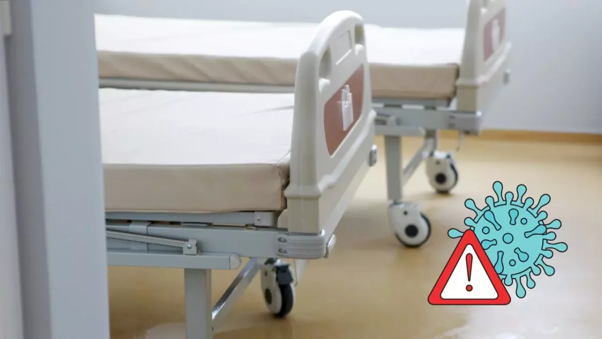 Nemocničné lôžka s ikonou vírusu a upozornením na zdravotnú pohotovosť.