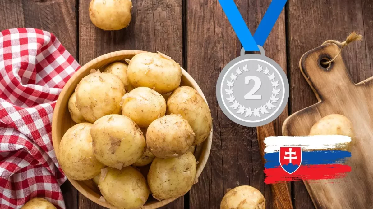 Miska so zemiakmi, drevená doska, slovenská vlajka a medaila za druhé miesto na rustikálnom drevenom stole.