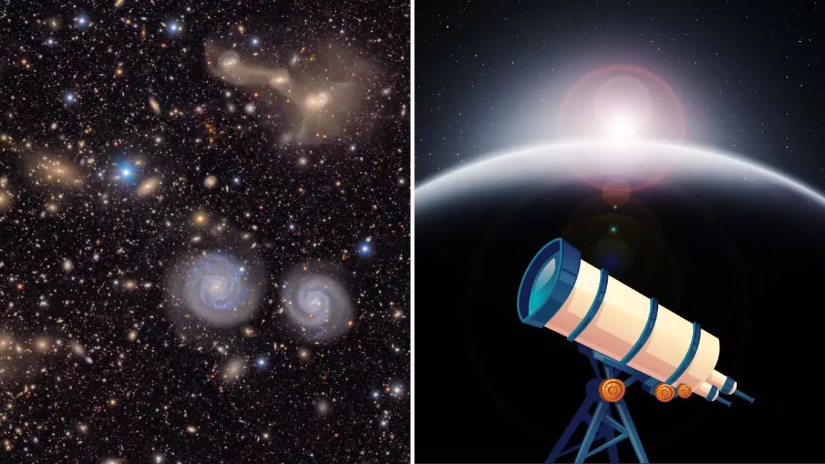 Vesmír s galaxiami a ilustrácia teleskopu smerujúceho k Zemi obklopenej hviezdami.