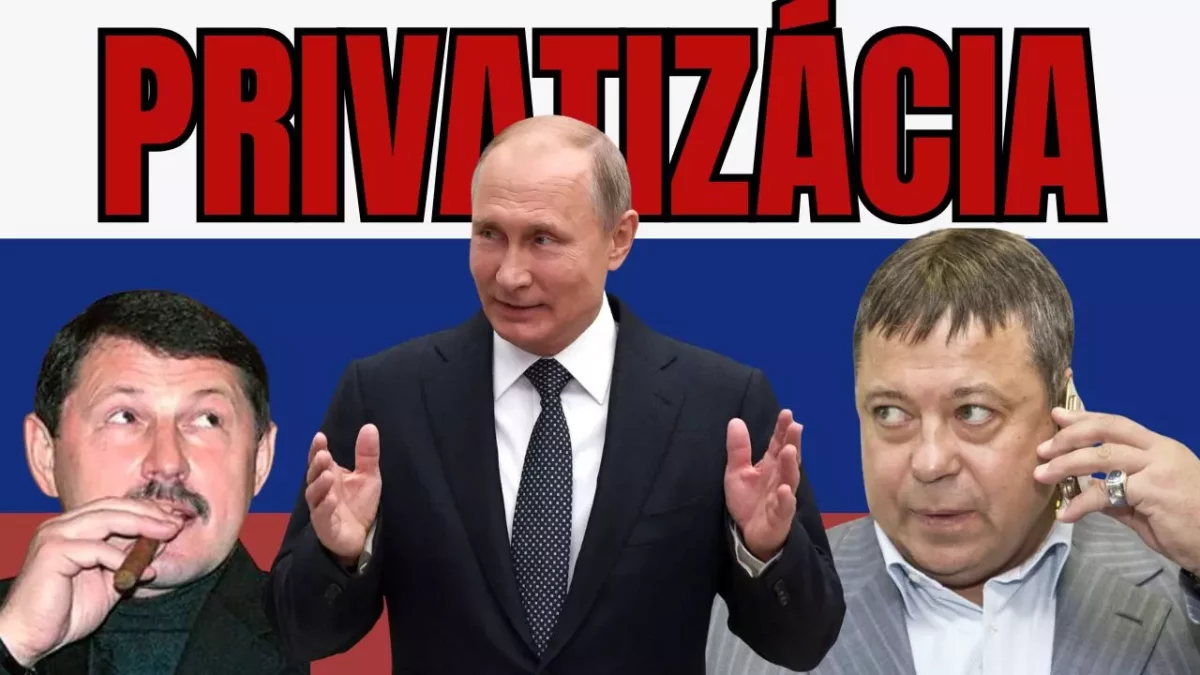 Ruská privatizácia: Tri osoby diskutujú o ekonomickej politike, ruská vlajka v pozadí.