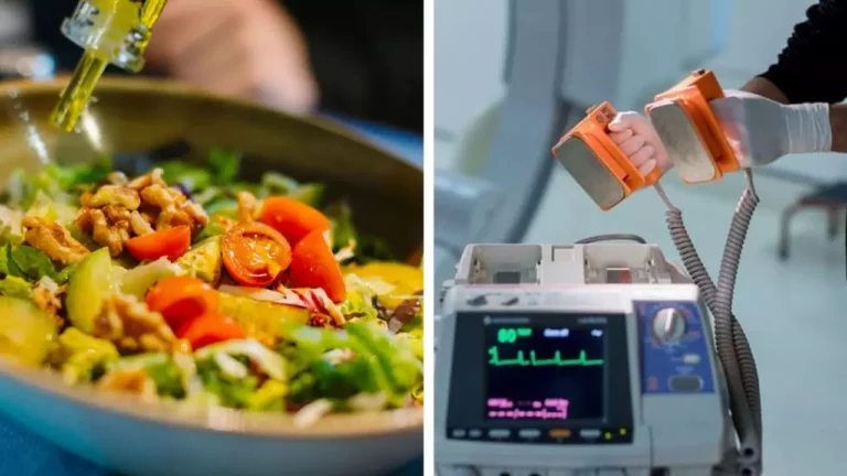 Čerstvý šalát s olivovým olejom a napätie na elektrokardiografe v nemocnici. Zdravý životný štýl vs. medicína.