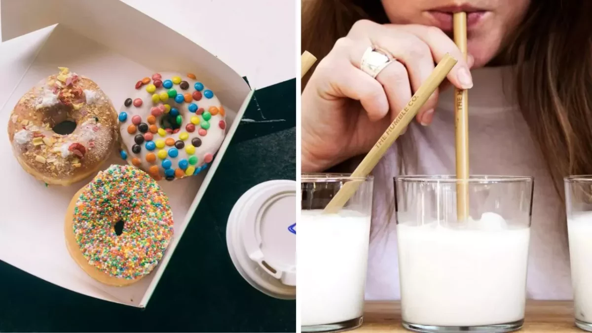Donuty s farebnými posýpkami a poháre mlieka s ekologickými slamkami; pohoda pri maškrtení.