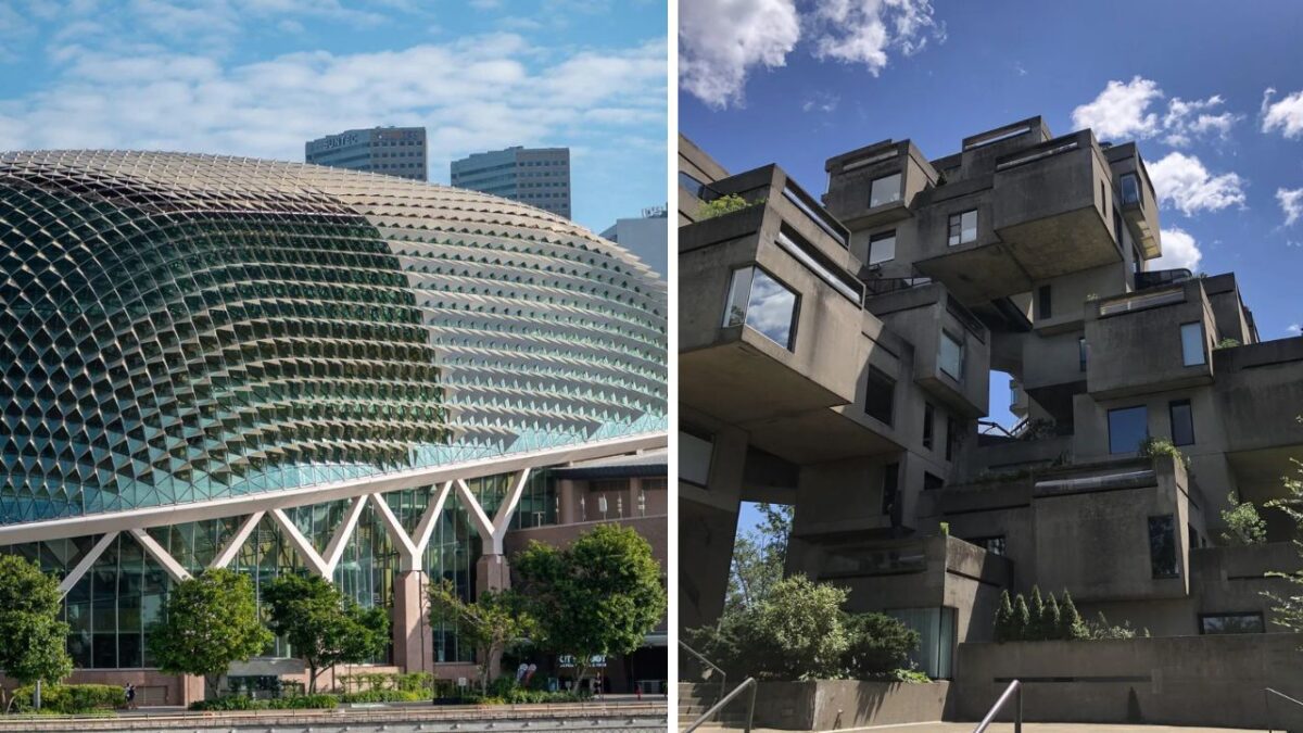 Moderná architektúra: Esplanade vľavo a Habitat 67 vpravo predstavujú zaujímavé dizajnové riešenia budov.