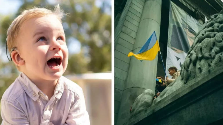 Myslím, že tohto človeka nepoznám. Alternatívny text: Chlapec s načúvacím prístrojom vonku; dievča máva ukrajinskou vlajkou na budove.