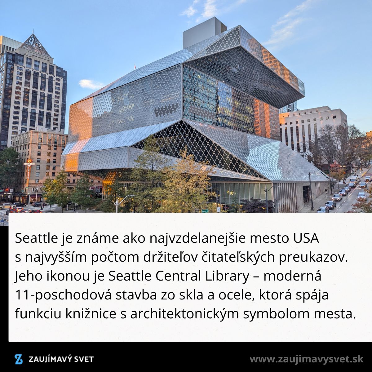 Seattle Central Library, moderná sklenená a oceľová budova, architektonická ikona v centre Seattle.