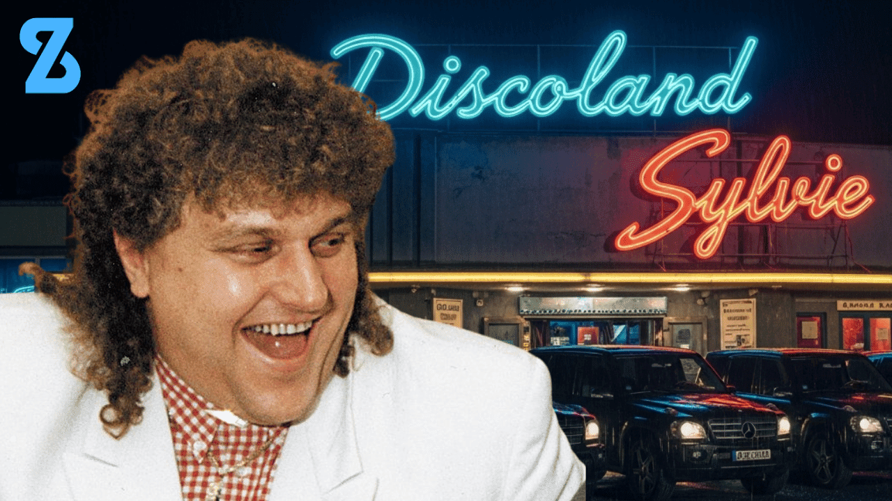 Ivan Jonák v bielom obleku pred diskotékou s nápisom Discoland Sylvie a zaparkovanými autami.