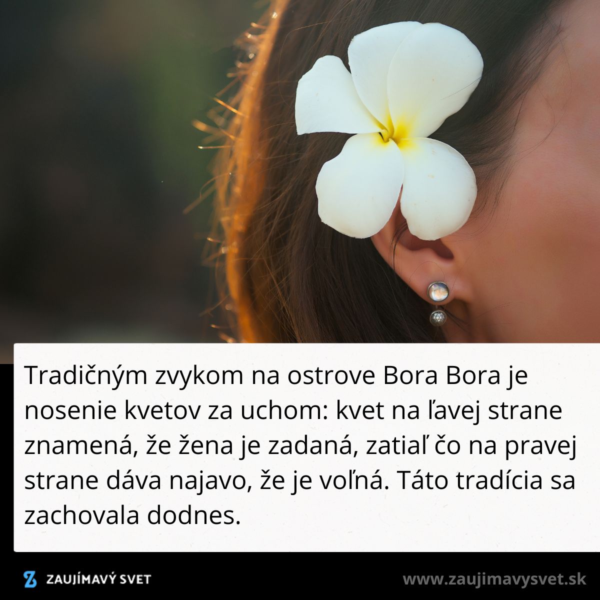Žena s bielym kvetom za uchom, zvyky z Bora Bora naznačujúce jej stav zadanosti alebo voľnosti.
