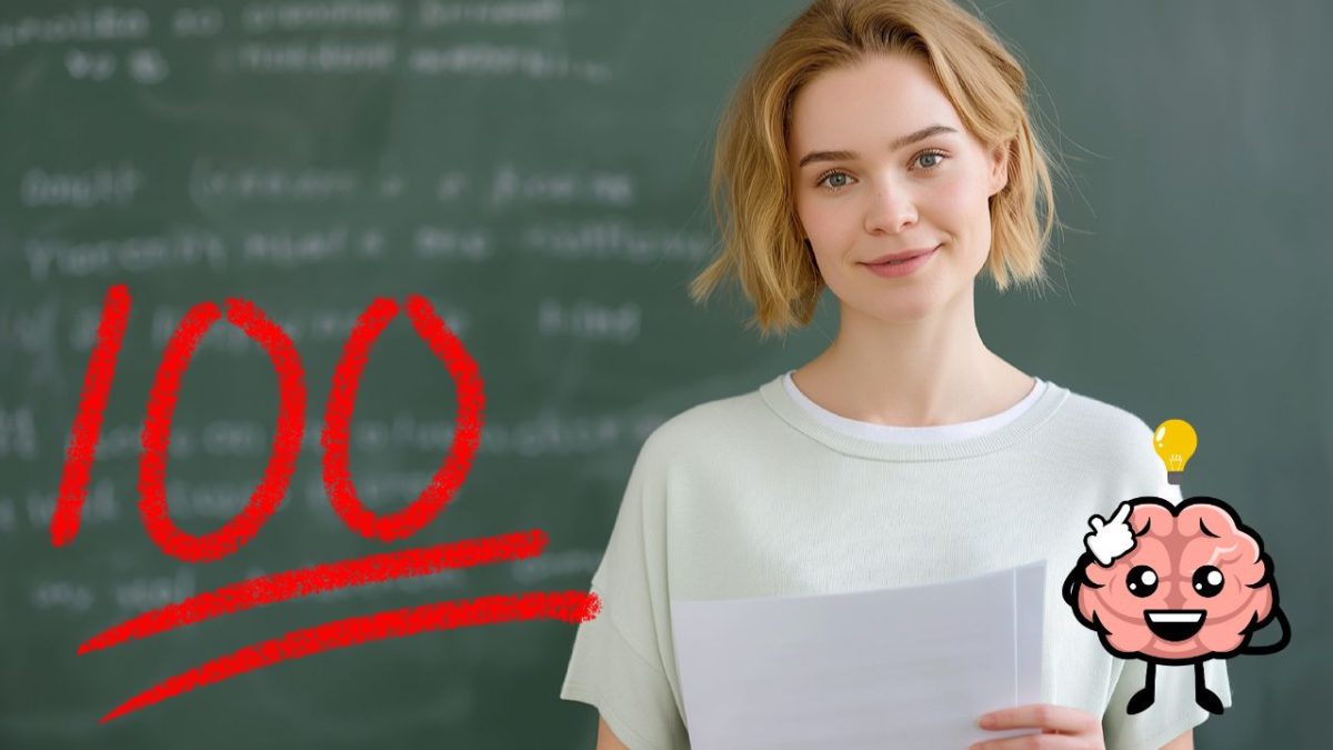 Študentka pred tabuľou s úsmevom drží list papiera, vedľa veľkého červeného čísla 100 a kresleného mozgu.