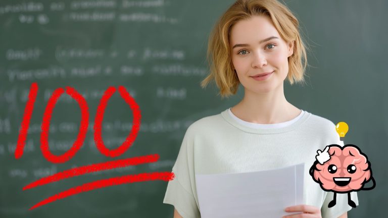 Študentka pred tabuľou s úsmevom drží list papiera, vedľa veľkého červeného čísla 100 a kresleného mozgu.