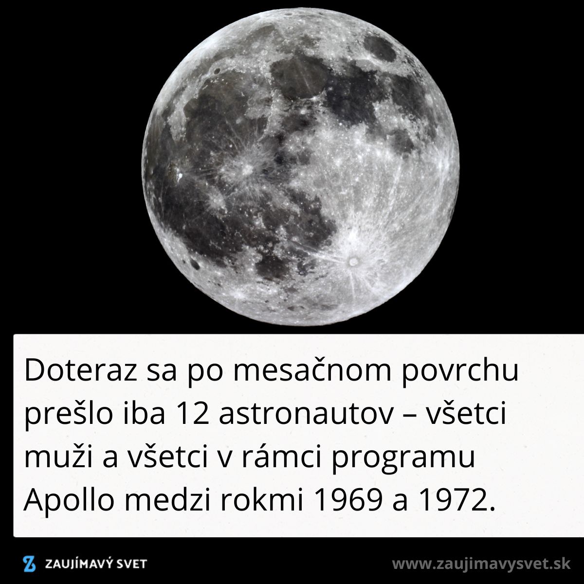 Mesiac s textom: 12 astronautom sa podarilo prejsť po povrchu počas programu Apollo v rokoch 1969-1972.