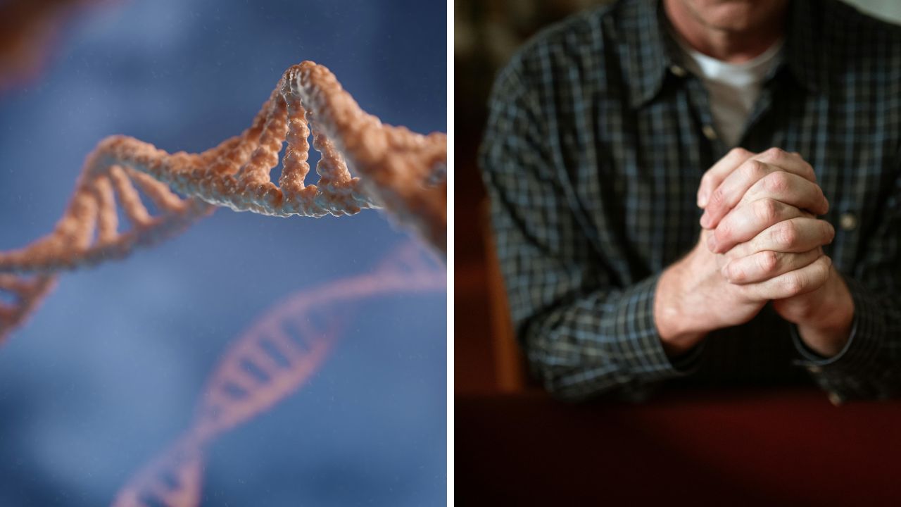 Vľavo DNA špirála, vpravo muž s prekríženými rukami, symbolizujúci spojenie vedy a spirituality.