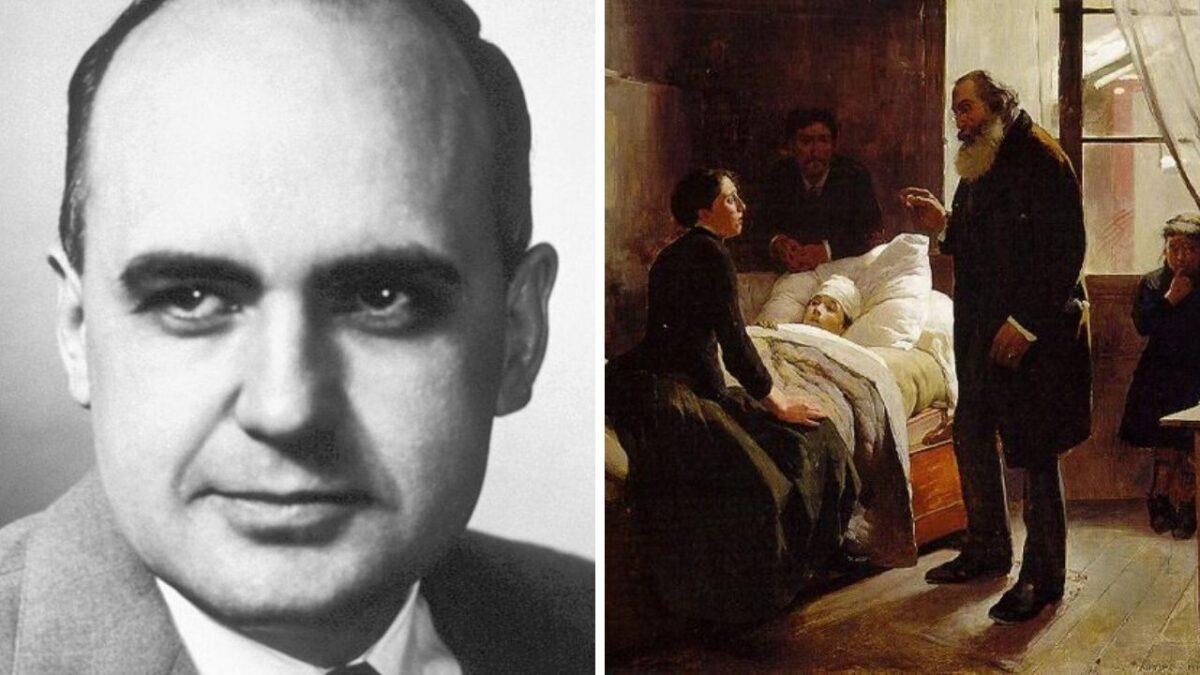 Osoba v čiernobielej fotografii a maľba s doktorom pri pacientoch v útulnej miestnosti.