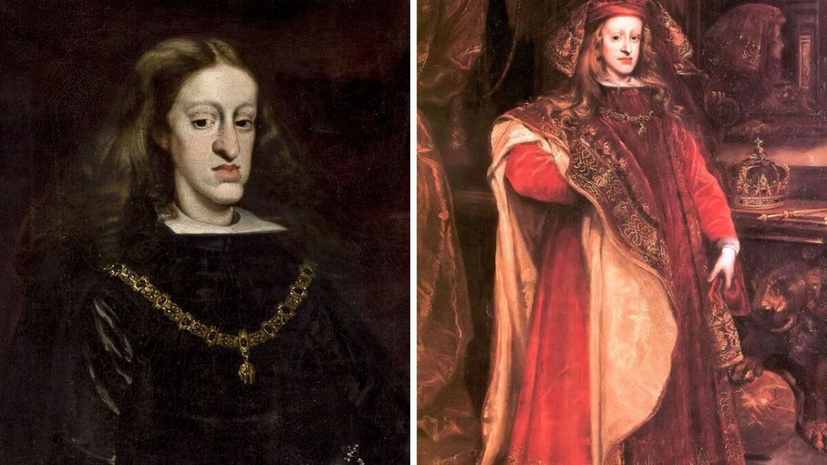 Portrét muža v kráľovskom odeve, historické oblečenie s korunou na pozadí.