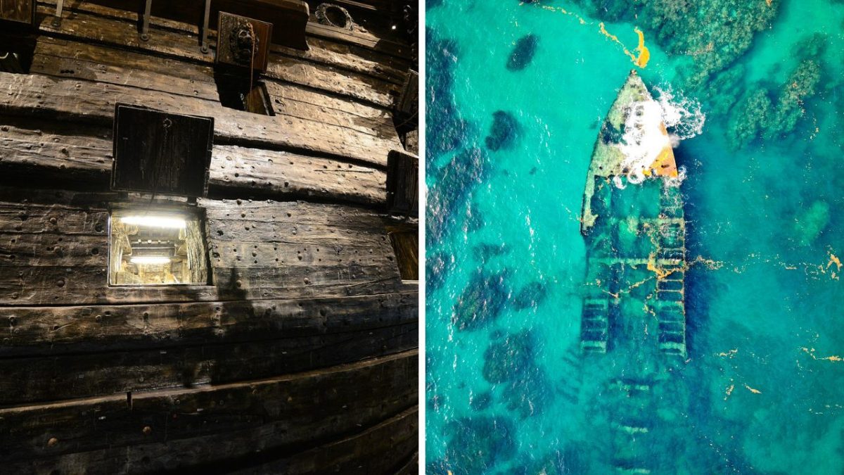 Historický drevený trup s oknom a podmorský vrak lode vo svetlo tyrkysovej vode.