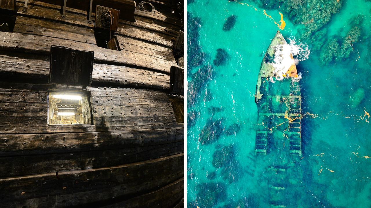 Historický drevený trup s oknom a podmorský vrak lode vo svetlo tyrkysovej vode.
