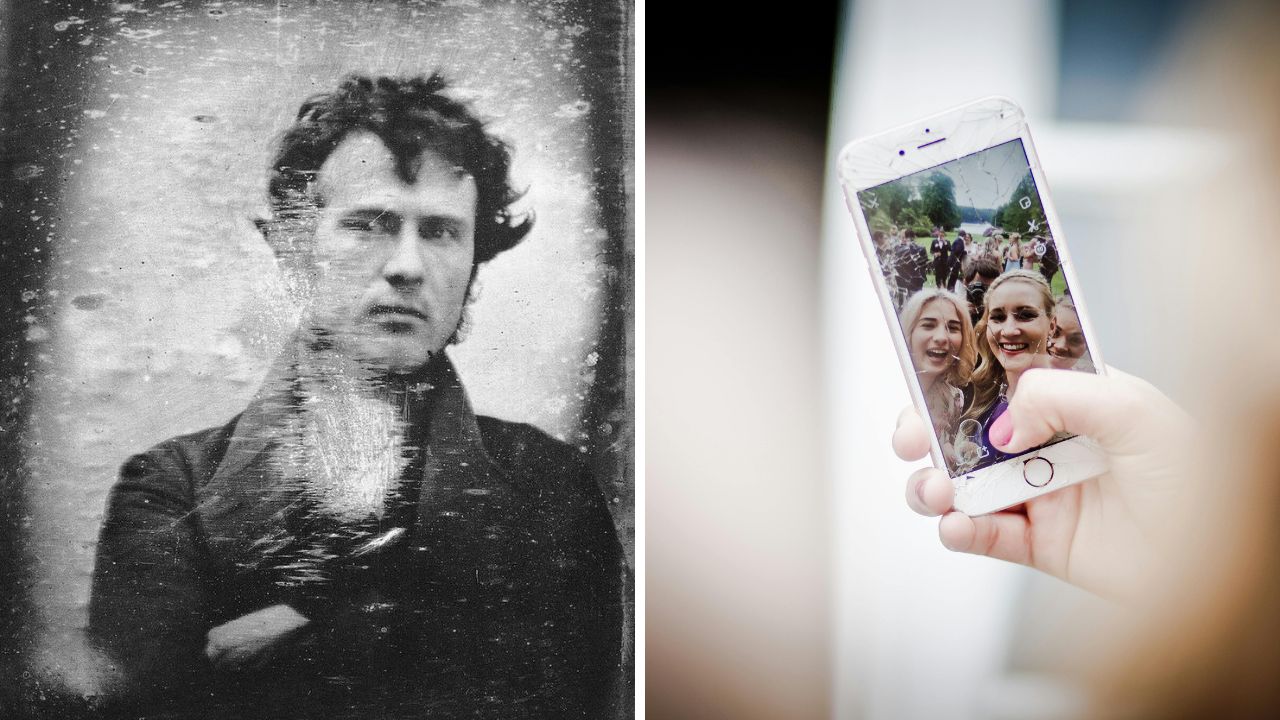 Starý portrét vedľa selfie na telefóne, kontrast medzi minulosťou a súčasnosťou fotografovania.