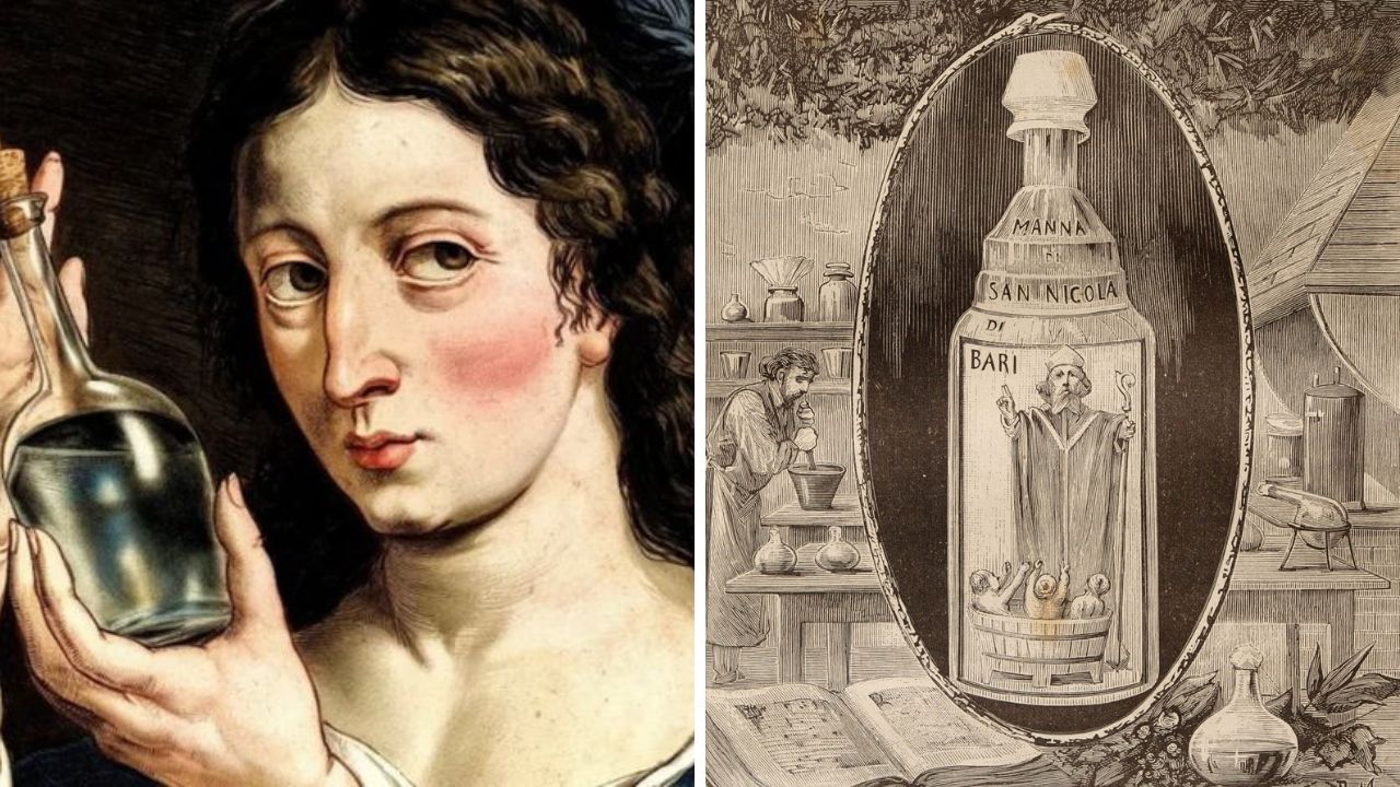 Portrét ženy s fľašou a historická kresba elixíru v alchymistickom prostredí.