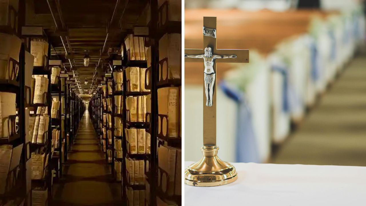 Archívy histórie vľavo a kostolný kríž vpravo, symboly minulosti a viery.