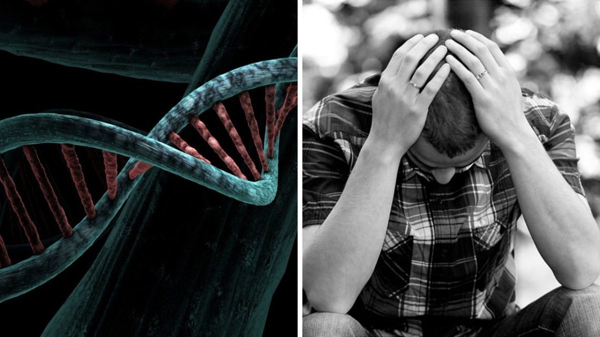 DNA špirála a muž v strese, symbolizujúci genetické a psychologické vplyvy na duševné zdravie.