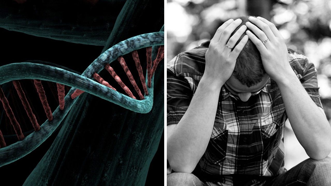 DNA špirála a muž v strese, symbolizujúci genetické a psychologické vplyvy na duševné zdravie.