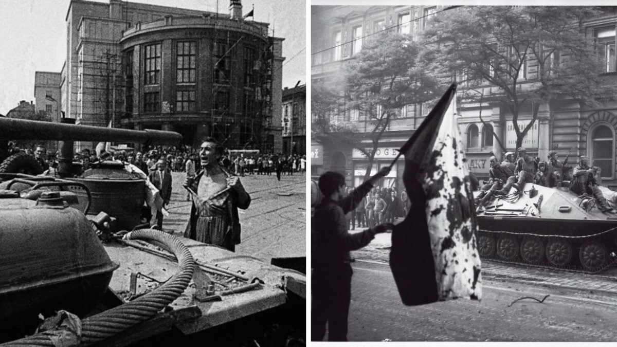 Historické zábery protestov a vojenskej prítomnosti na uliciach s tankami a roztrhanou vlajkou počas významnej udalosti.