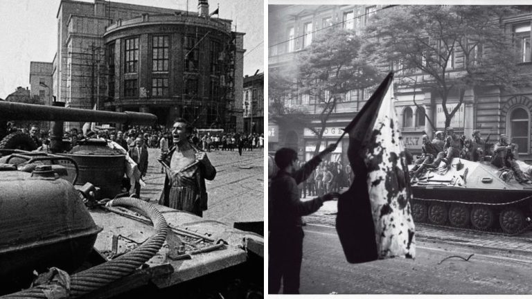 Historické zábery protestov a vojenskej prítomnosti na uliciach s tankami a roztrhanou vlajkou počas významnej udalosti.