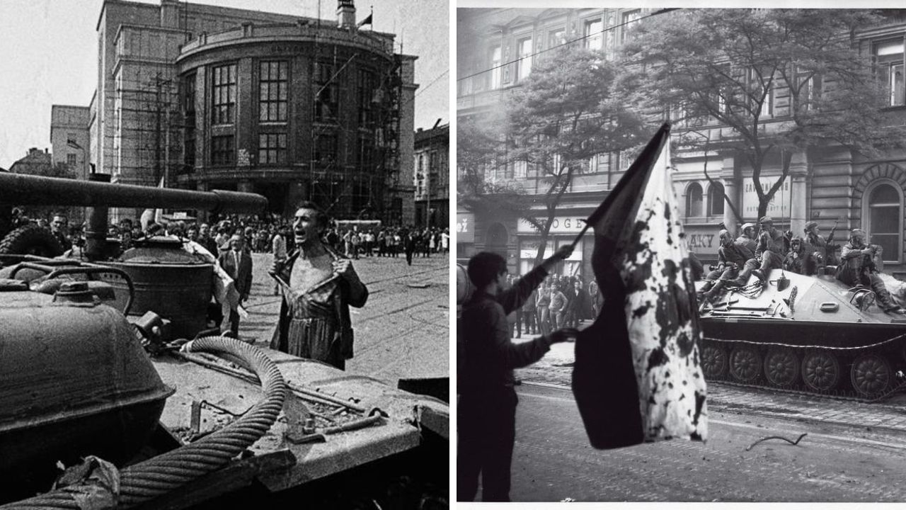 Historické zábery protestov a vojenskej prítomnosti na uliciach s tankami a roztrhanou vlajkou počas významnej udalosti.