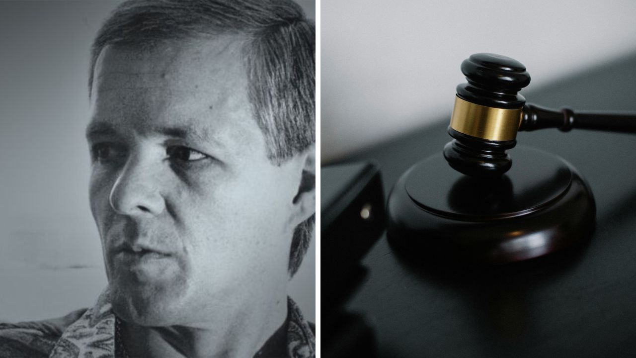 Portrét muža vedľa sudcovského kladiva na stole, symbolizujúci spravodlivosť.