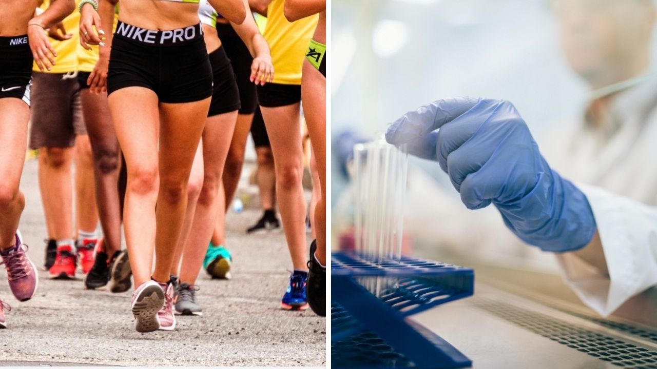 Skupina bežcov na súťaži a vedec v laboratóriu s testovacími skúmavkami.