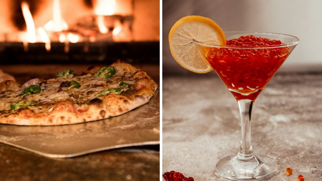 Pizza pečená v peci na drevo vedľa koktailového pohára s kaviárom a plátkom citróna.