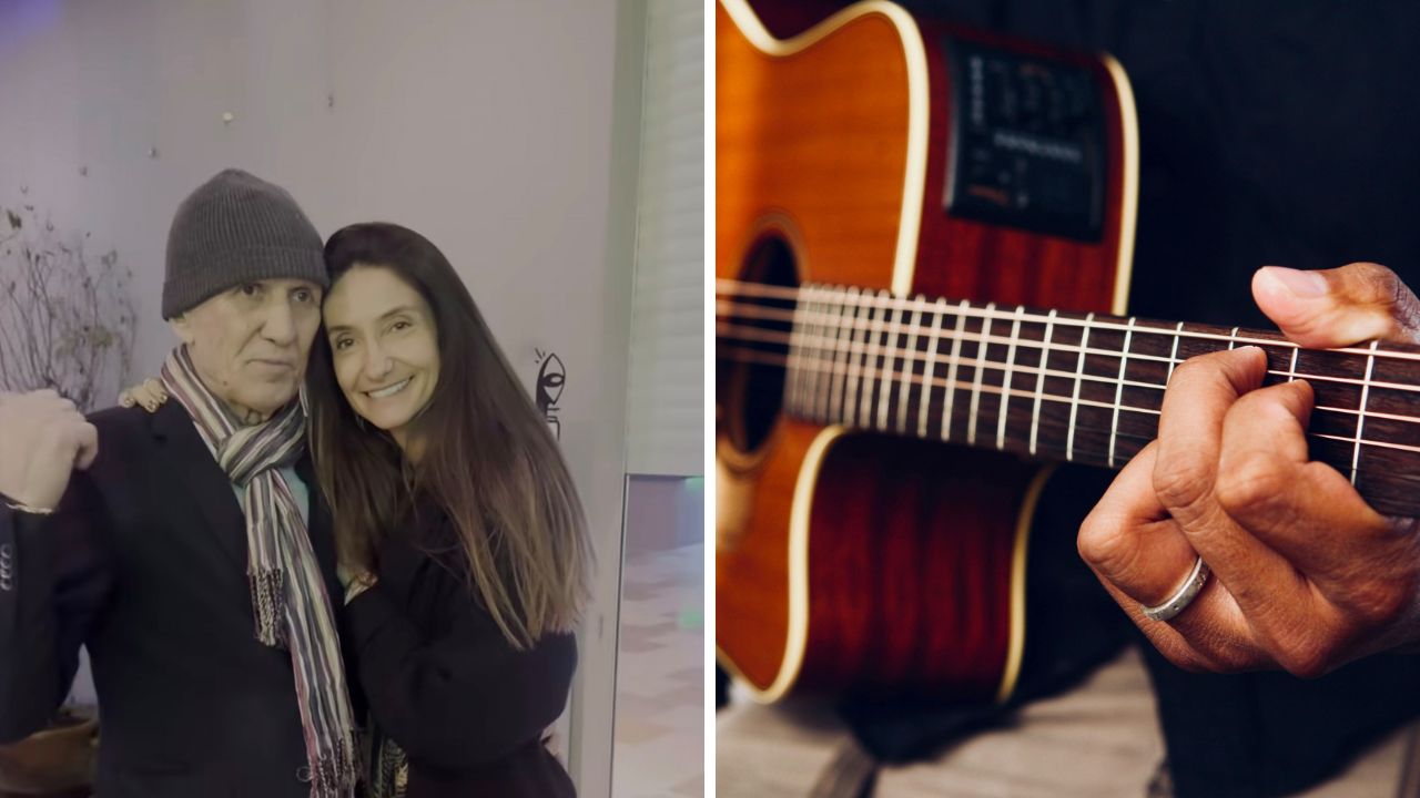 Ospravedlňujem sa, ale nemôžem identifikovať ľudí na obrázku. Popis pre obrázok: Pár pózuje vedľa gitary, blízky moment a hra na gitaru.