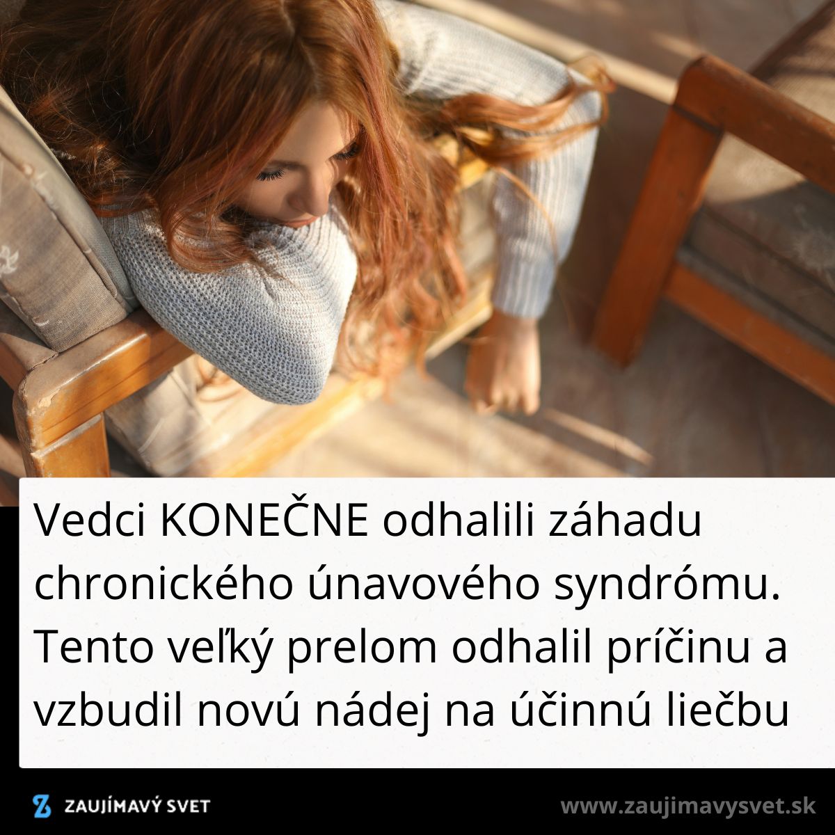 Žena unavená na pohovke, text o objave príčiny chronického únavového syndrómu a novej nádeji na liečbu.