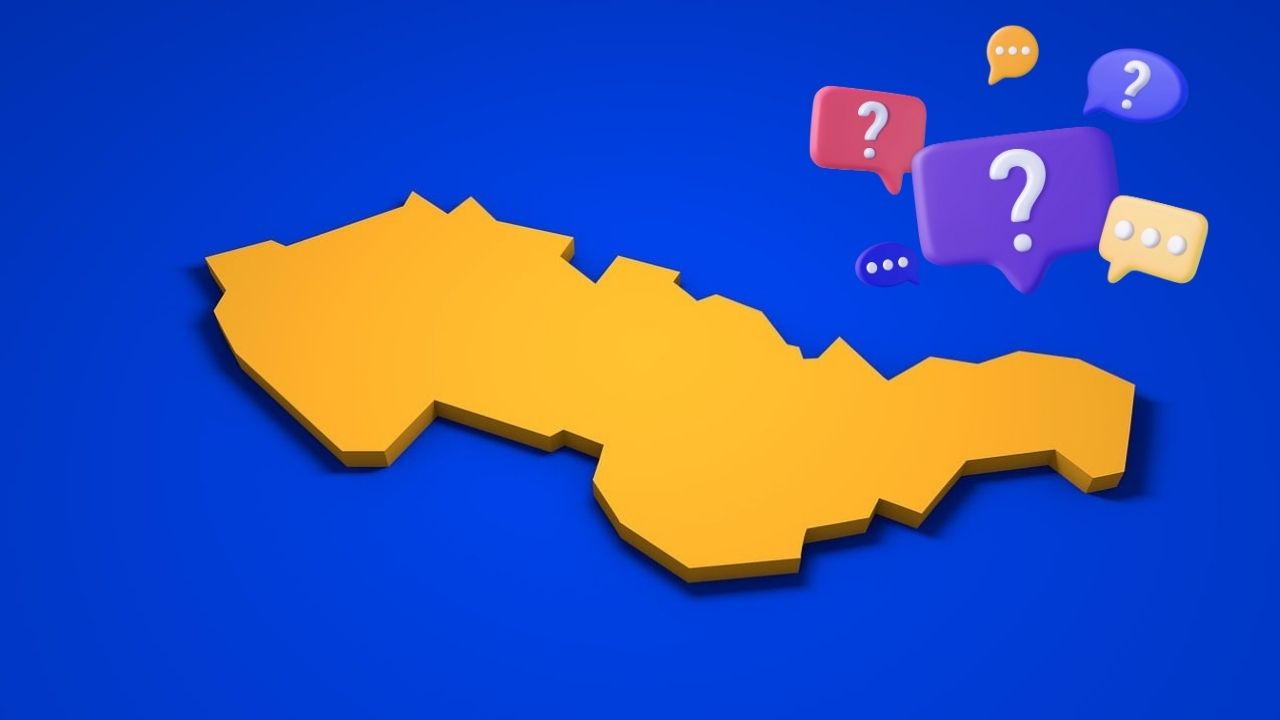 Mapa Slovenska na modrom pozadí s otáznikmi v bublinách symbolizuje otázky o krajine.